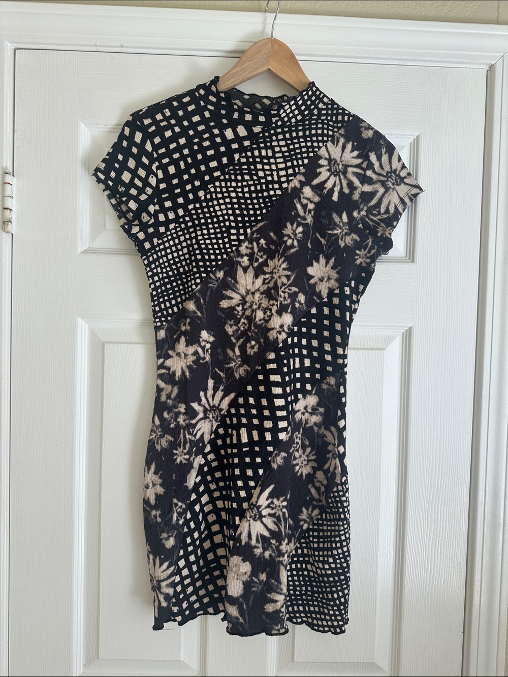 Urban Outfitters Black and Cream Mixed-Print Mini Dress